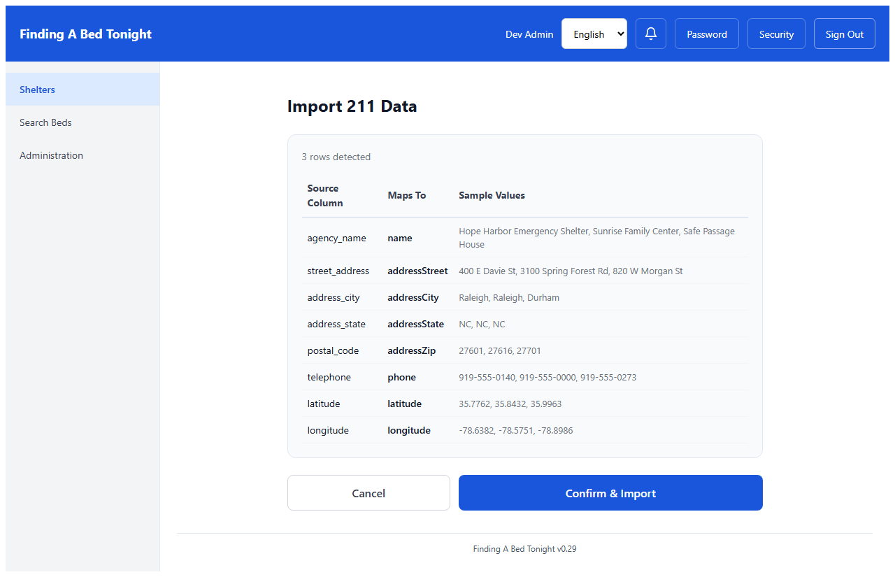 211 CSV preview showing 8 columns mapped from iCarol-style headers to FABT fields, with sample values from 3 shelters
