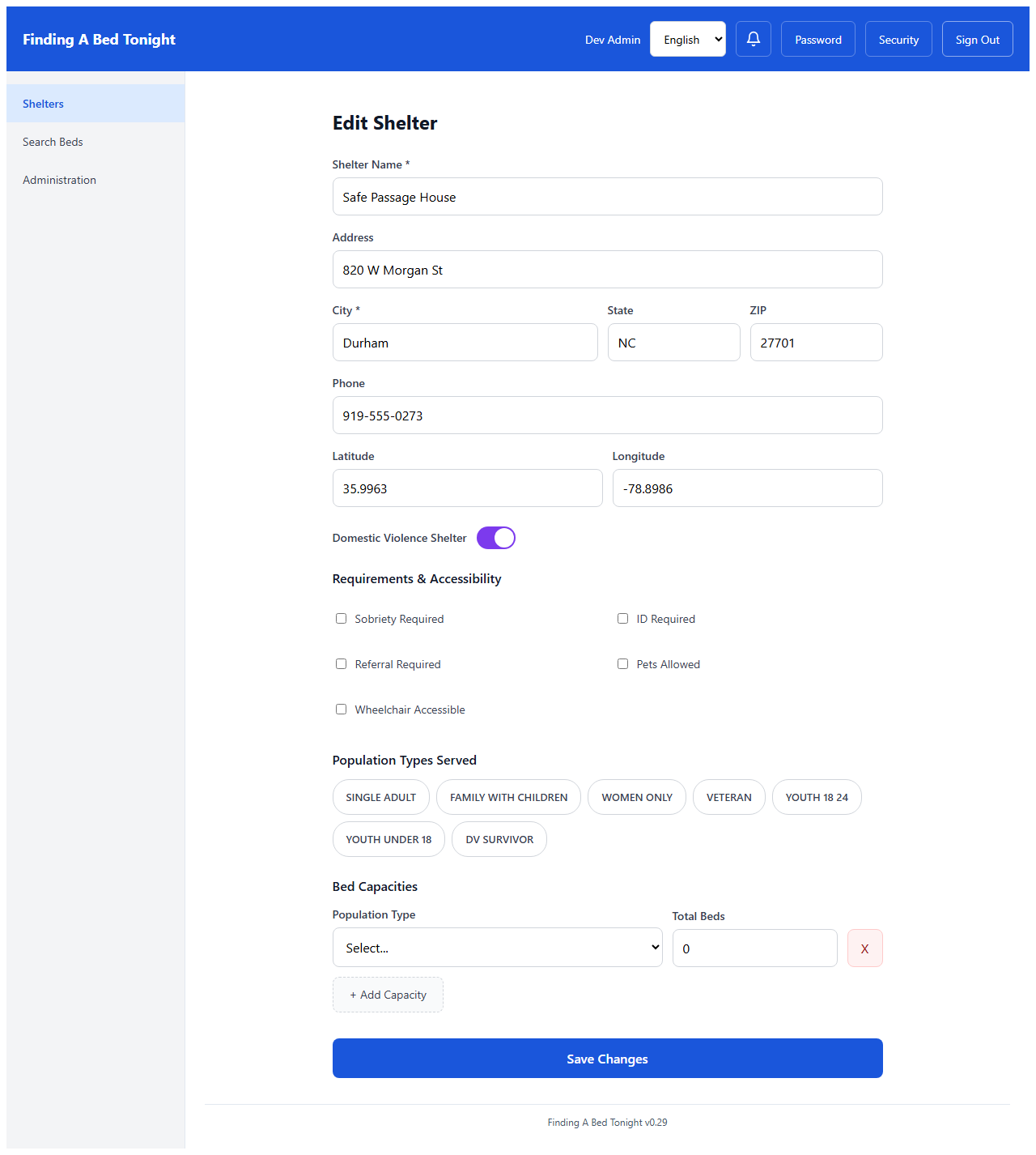 Shelter edit form for Safe Passage House showing the Domestic Violence Shelter toggle switch