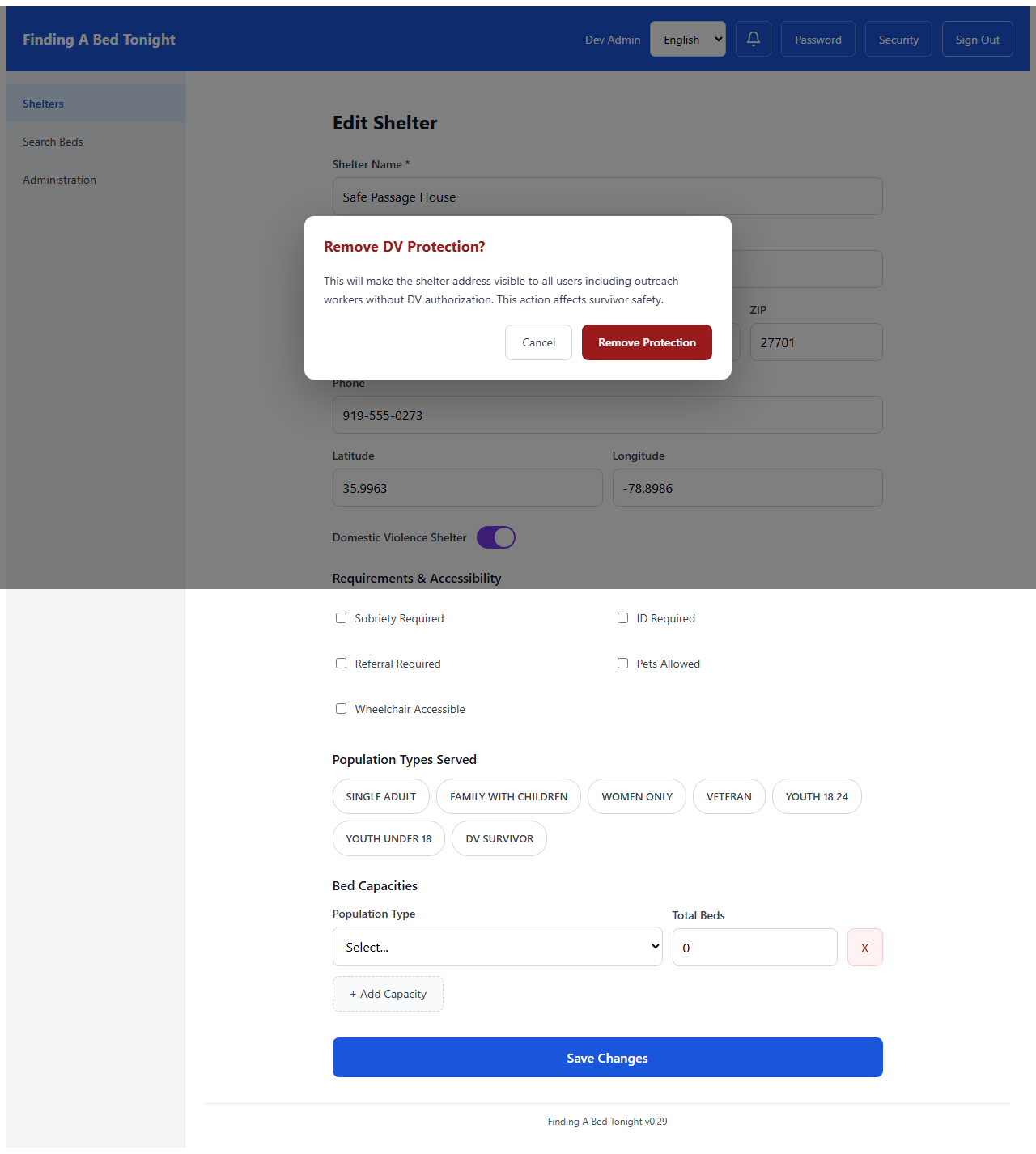 Confirmation dialog warning that removing DV protection will make the shelter address visible to all users