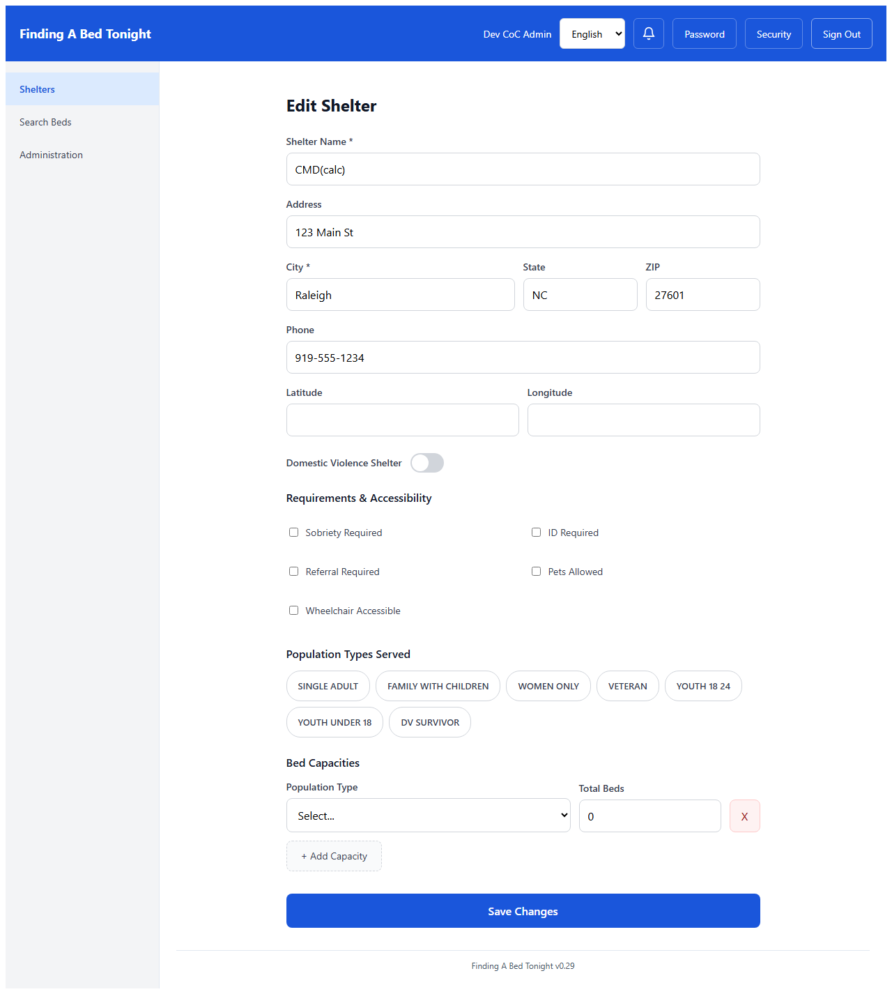 Coordinator shelter edit form showing operational fields editable