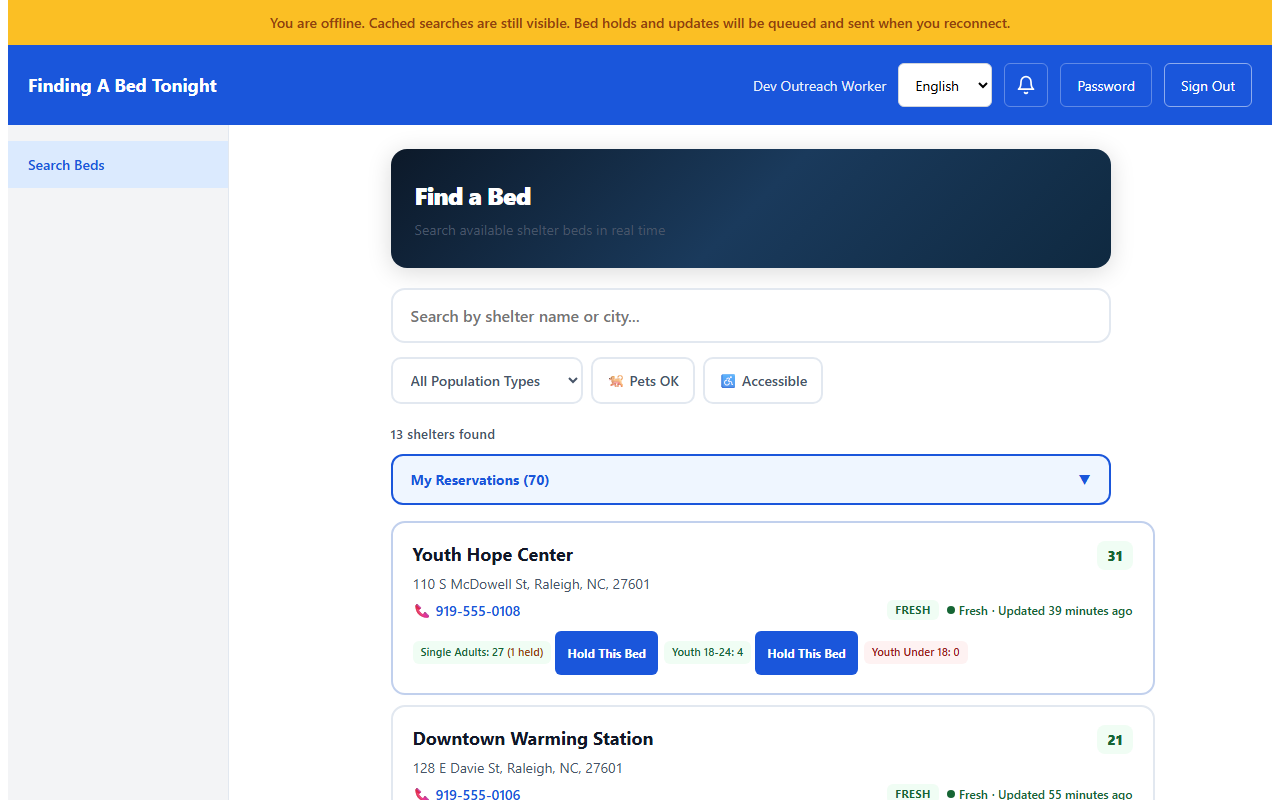 Offline banner showing honest messaging while search results remain visible