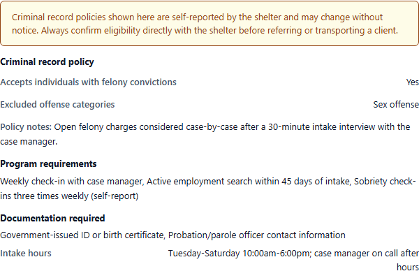 Shelter detail showing eligibility criteria: accepts felonies excluding sex offenses, accepts pending charges, requires sobriety.