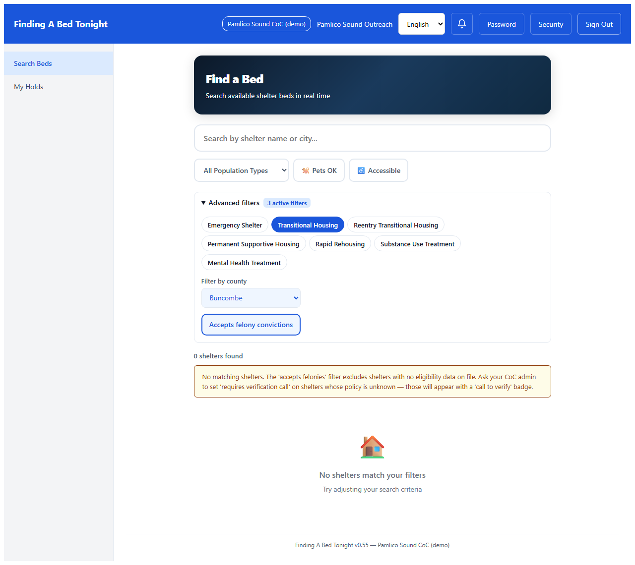 Search result for a county where the only reentry shelter excludes the relevant offense type. The platform shows no match available; the navigator's work continues outside the platform.